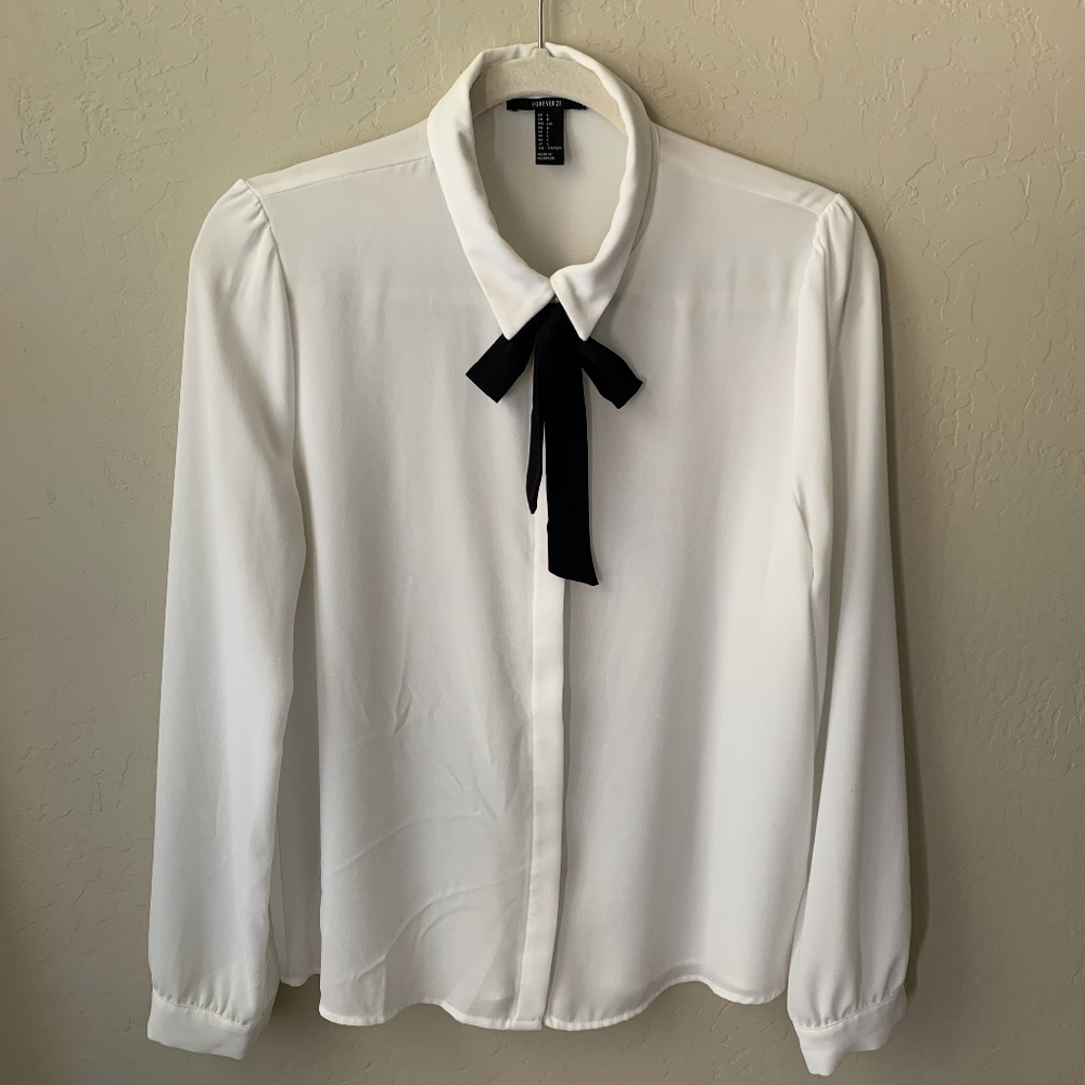 Ivory Semi-Sheer Long Sleeve Blouse with Black Tie